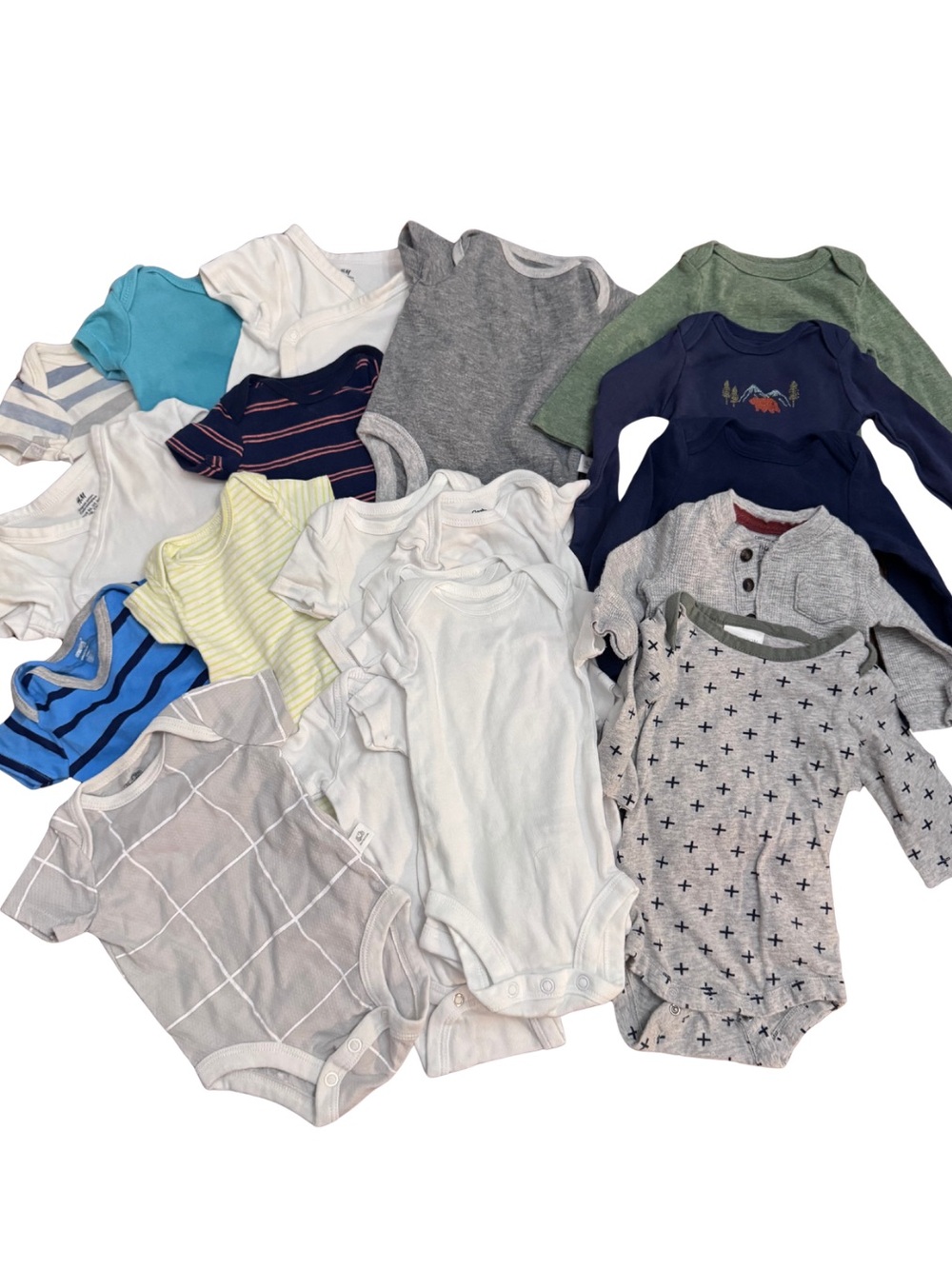Neutral bundle of 19 NB Baby Bodysuits - White, Gray, Blue, Green, Navy
